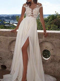 A-Line/Princess Scoop Sweep/Brush Train Chiffon Prom Formal Evening Dresses with Applique