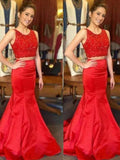 Trumpet/Mermaid Scoop Sweep/Brush Train Satin Two Piece Dresses with Beading