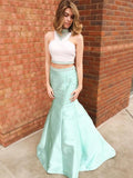 Trumpet/Mermaid High Neck Long Satin Prom Formal Evening Dresses with Beading