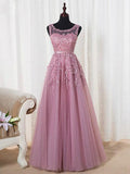 A-Line/Princess Scoop Long Tulle Prom Formal Evening Dresses with Beading