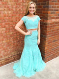 Trumpet/Mermaid Scoop Sweep/Brush Train Lace Prom Two Piece Dresses with Beading