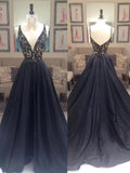 A-Line/Princess V-neck Sweep/Brush Train Taffeta Prom Formal Evening Dresses with Beading