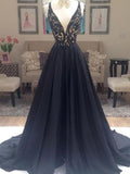 A-Line/Princess V-neck Sweep/Brush Train Taffeta Prom Formal Evening Dresses with Beading