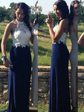Sheath/Column Halter Long Chiffon Prom Formal Evening Dresses with Lace