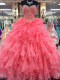 Ball Gown Sweetheart Long Organza Prom Formal Evening Dresses with Beading