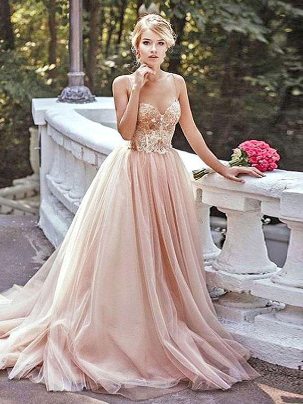 A-Line/Princess Sweetheart Sweep/Brush Train Tulle Prom Evening Dresses with Beading