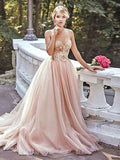 A-Line/Princess Sweetheart Sweep/Brush Train Tulle Prom Evening Dresses with Beading