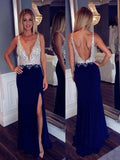 Sheath/Column V-neck Long Spandex Prom Formal Evening Dresses with Beading