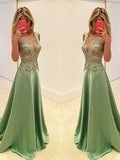 A-Line/Princess V-neck Sweep/Brush Train Satin Prom Formal Evening Dresses with Applique