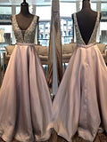 A-Line/Princess V-neck Long Satin Prom Formal Evening Dresses with Beading