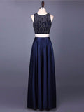 A-Line/Princess Scoop Long Chiffon Two Piece Prom Evening Dresses with Beading
