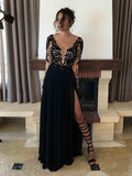 A-Line/Princess Sheer Neck Long Chiffon Prom Formal Evening Dresses with Lace