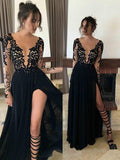 A-Line/Princess Sheer Neck Long Chiffon Prom Formal Evening Dresses with Lace