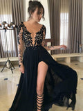 A-Line/Princess Sheer Neck Long Chiffon Prom Formal Evening Dresses with Lace