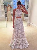 A-Line/Princess Scoop Long Lace Two Piece Prom Formal Evening Dresses with Lace