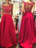 A-Line/Princess Bateau Sweep/Brush Train Satin Prom Formal Evening Dresses with Beading