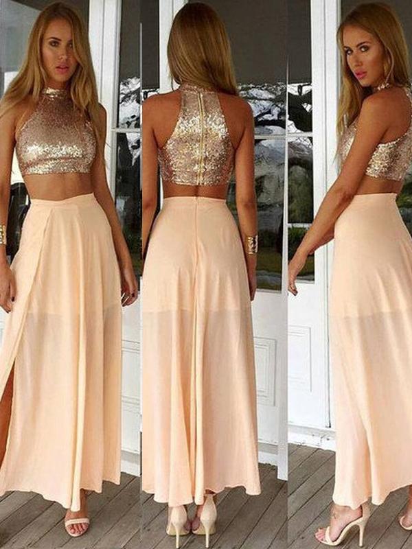 A-Line/Princess High Neck Ankle-Length Chiffon Two Piece Dresses with Sequin