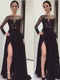 A-Line/Princess Bateau Long Chiffon Prom Formal Evening Dresses with Lace