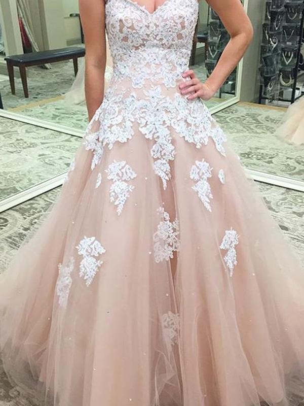 Ball Gown Sweetheart Long Tulle Prom Formal Evening Dresses with Applique