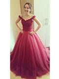 Ball Gown Off-the-shoulder Long Tulle Prom Formal Evening Dresses with Applique