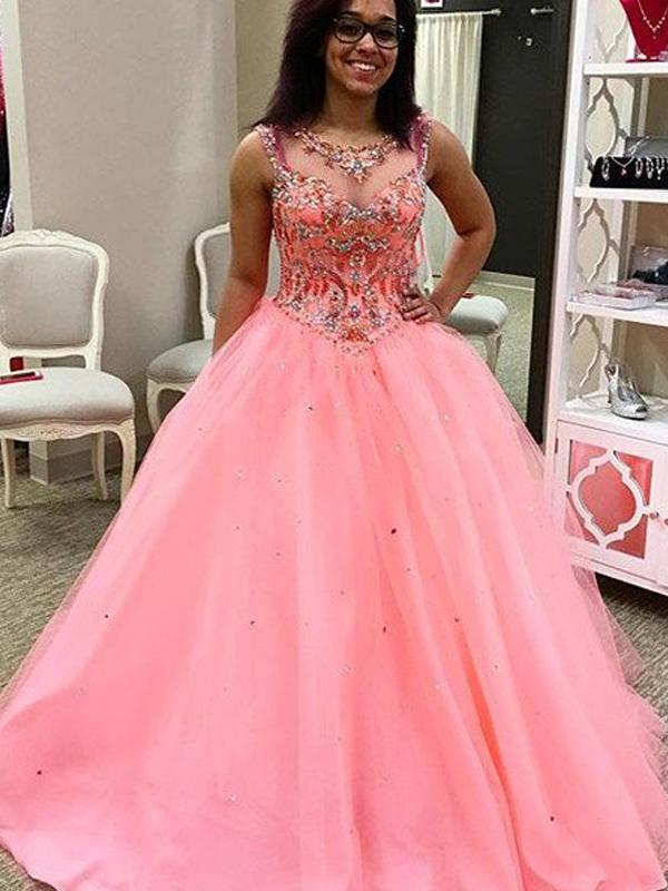 Ball Gown Sweetheart Long Tulle Prom Formal Evening Dresses with Beading