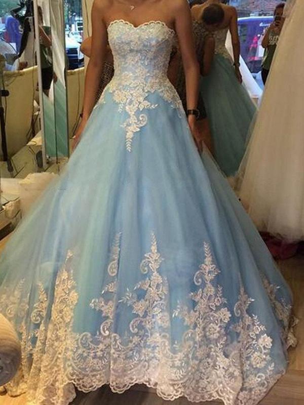 Ball Gown Sweetheart Long Tulle Prom Formal Evening Dresses with Applique
