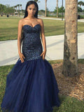 Trumpet/Mermaid Sweetheart Long Tulle Prom Formal Evening Dresses with Beading