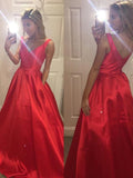 A-Line/Princess V-Neck Sweep/Brush Train Satin Prom Formal Evening Dresses