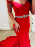 Trumpet/Mermaid Off-the-shoulder Sweep/Brush Train Satin Prom Formal Dresses with Beading