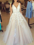 A-Line/Princess V-Neck Sweep/Brush Train Tulle Prom Formal Evening Dresses with Applique