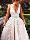 A-Line/Princess V-Neck Sweep/Brush Train Tulle Prom Formal Evening Dresses with Applique