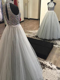 A-Line/Princess Halter Long Tulle Prom Formal Evening Dresses with Beading