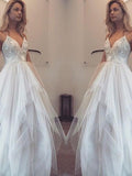 A-Line/Princess Spaghetti Straps Long Tulle Prom Formal Dresses with Applique