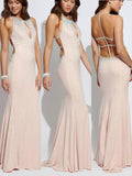 Sheath/Column Halter Sweep/Brush Train Jersey Prom Formal Evening Dresses with Beading