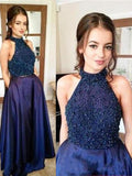 A-Line/Princess Halter Long Satin Prom Formal Evening Dresses with Beading