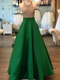 A-Line/Princess Halter Long Satin Prom Formal Evening Dresses with Beading