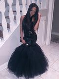 Trumpet/Mermaid Halter Long Tulle Prom Formal Evening Dresses with Sequin