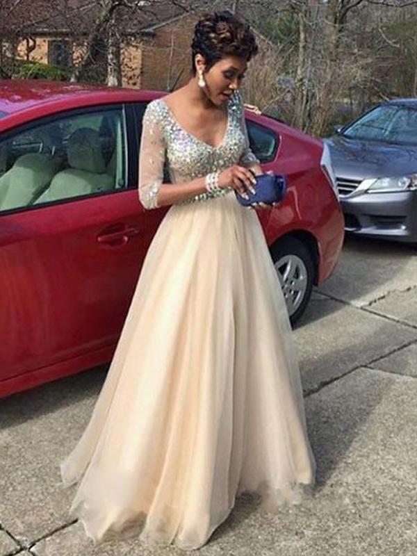 A-Line/Princess V-Neck Long Tulle Prom Formal Evening Dresses with Beading