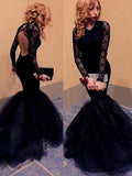 Trumpet/Mermaid Scoop Long Tulle Prom Formal Evening Dresses with Lace