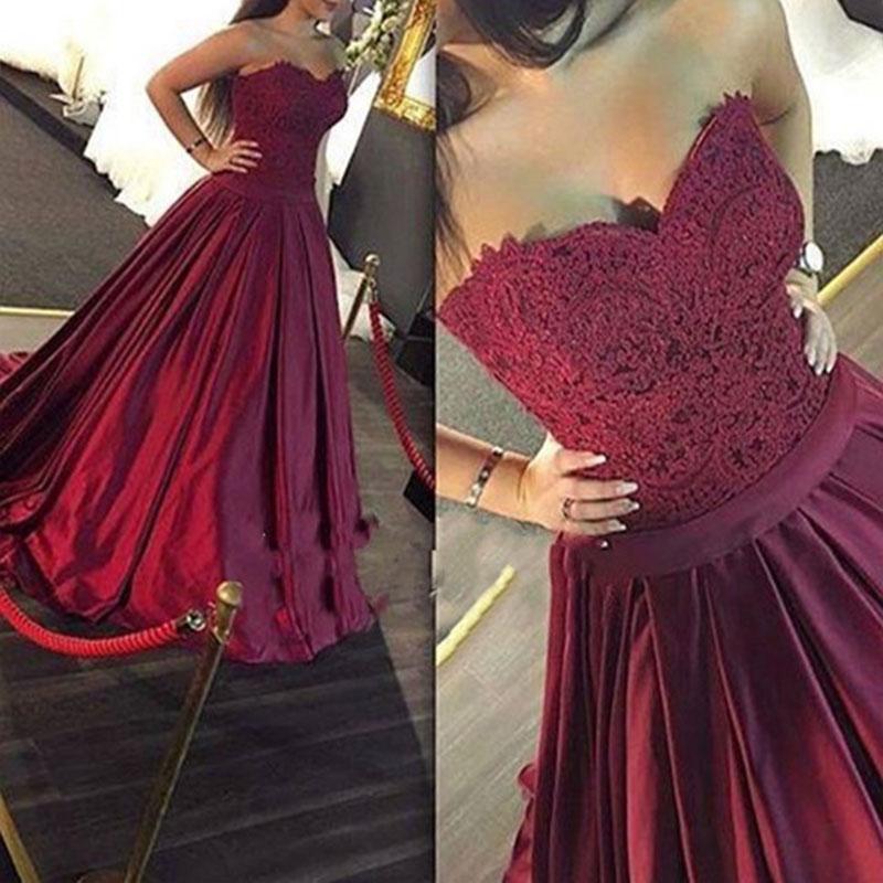 A-Line/Princess Sweetheart Long Satin Prom Formal Evening Dresses with Lace
