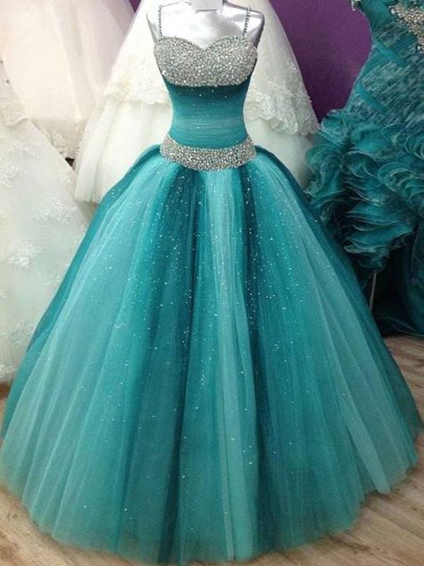 Ball Gown Spaghetti Straps Long Tulle Prom Formal Evening Dresses with Beading