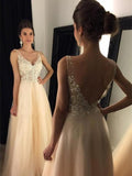 A-Line/Princess V-Neck Sweep/Brush Train Tulle Prom Formal Evening Dresses