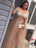 Ball Gown Off-the-Shoulder Long Tulle Plus Size Prom Formal Evening Dresses with Sequin