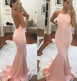 Trumpet/Mermaid Halter Sweep/Brush Train Satin Prom Formal Evening Dresses