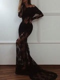 Trumpet/Mermaid Off-the-shoulder Sweep/Brush Train Lace Formal Evening Dresses with Lace
