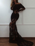 Trumpet/Mermaid Off-the-shoulder Sweep/Brush Train Lace Formal Evening Dresses with Lace