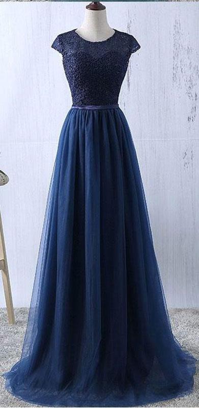 A-Line/Princess Scoop Long Tulle Prom Formal Evening Dresses