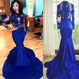 Trumpet/Mermaid Scoop Sweep/Brush Train Satin Prom Formal Evening Dresses with Lace