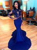 Trumpet/Mermaid Scoop Sweep/Brush Train Satin Prom Formal Evening Dresses with Lace
