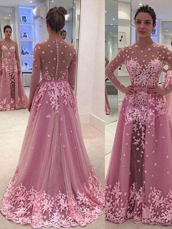 A-Line/Princess Scoop Long Tulle Prom Formal Evening Dresses with Applique